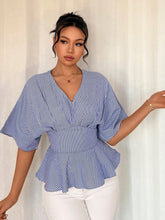 Striped Ruffle Waisted Design Short Sleeve Chic Blouse For Women